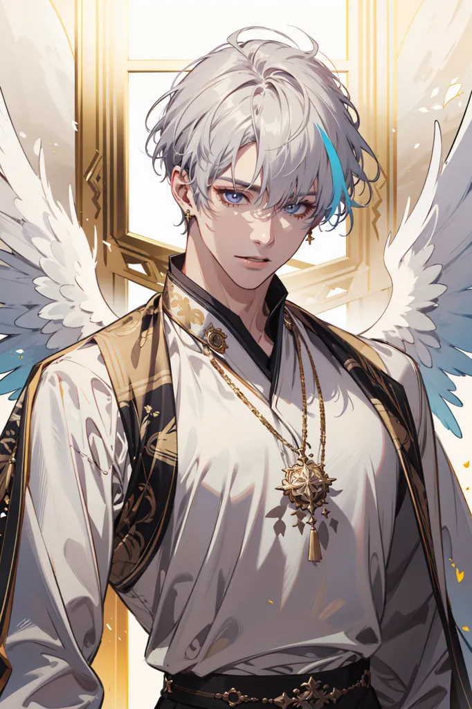 The image is of a beautiful young man with white hair and blue eyes. He is wearing a white shirt with a gold and black pattern and a black vest. He has a gold necklace with a blue gem in the center. He also has a pair of white wings with blue tips. He is standing in front of a gold door with a white background.