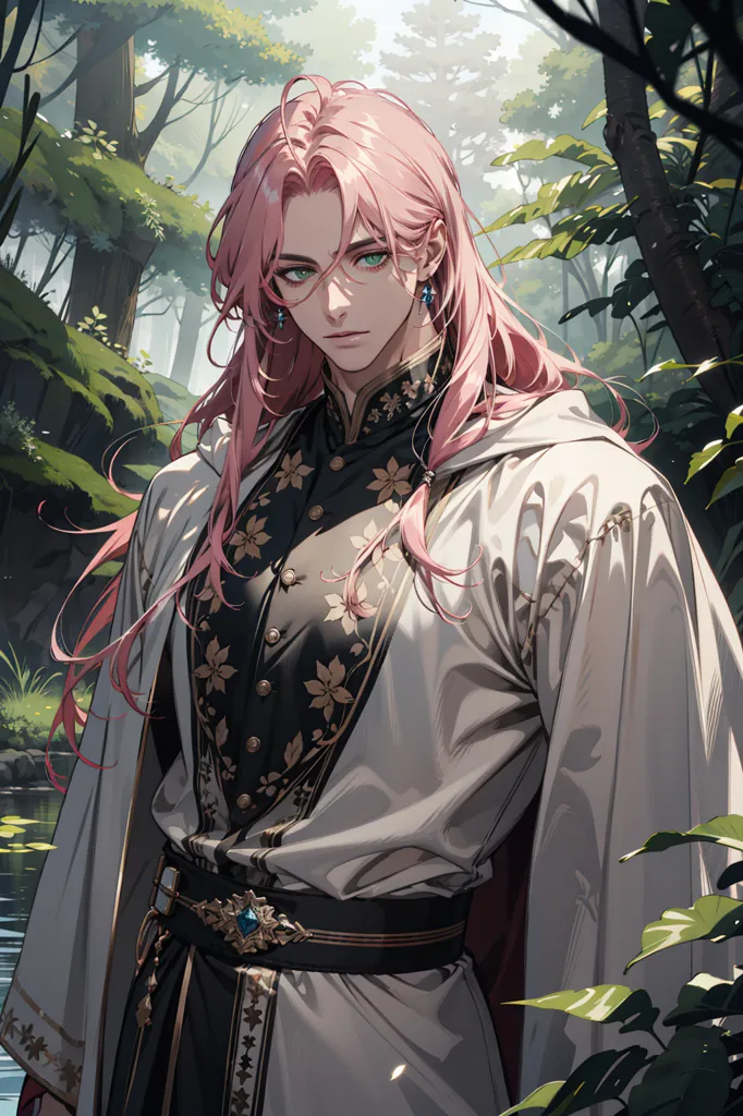 The image is of a beautiful young man with pink hair and green eyes. He is wearing a white and gold outfit and has a long pink cape. He is standing in a forest and there is a river behind him. The man has a serene expression on his face and he seems to be enjoying the peace and quiet of the forest.