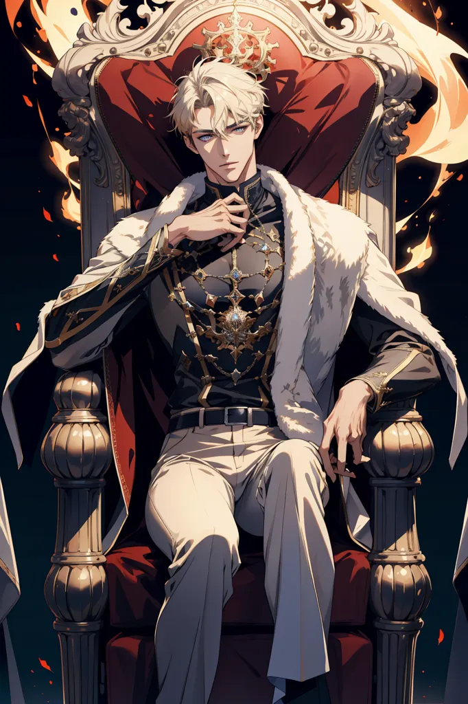 The image is of a man with white hair and silver eyes sitting on a throne. He is wearing a black and gold outfit with a white cape. He has a crown on his head and is holding a scepter in his right hand. There are flames on either side of the throne. The background is dark.