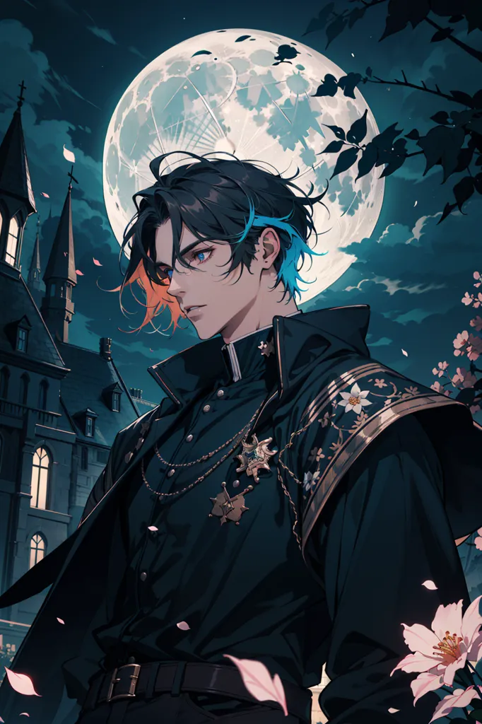 The image is of a young man with long black and blue hair. He is wearing a black coat with gold trim and a white cravat. He has a serious expression on his face and is looking to the right of the frame. There is a full moon in the background and a dark building with turrets behind him. Pink cherry blossom petals are falling around him.