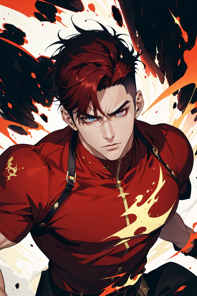 This is an illustration of a young man with red hair and blue eyes. He is wearing a red shirt with a yellow and gold trim around the collar. He has a serious expression on his face and is looking at the viewer. There are flames around him.