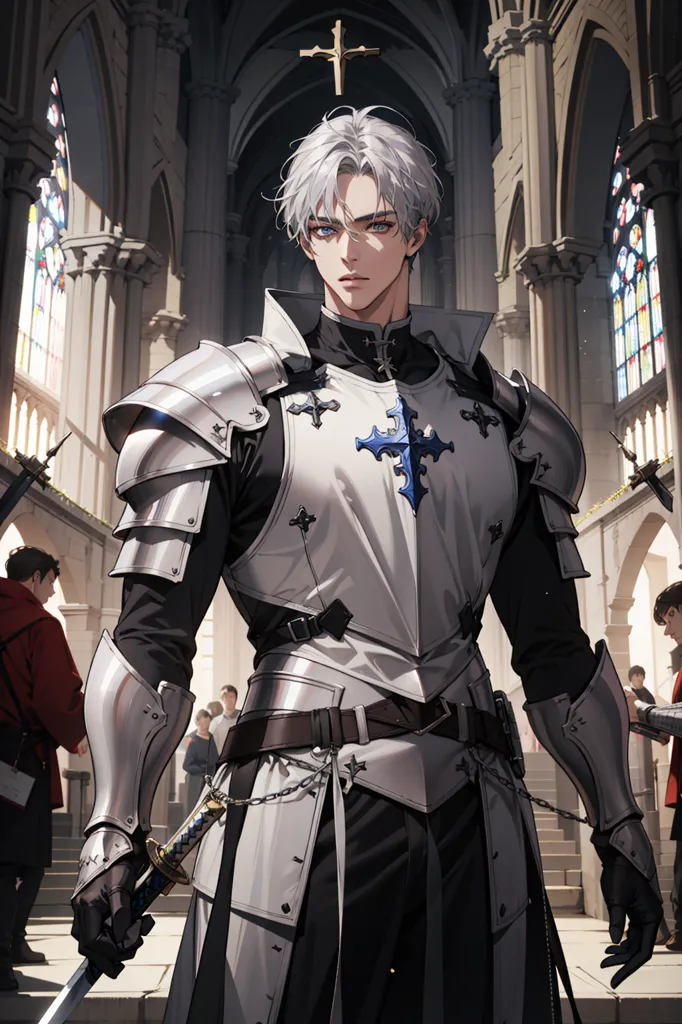 The image is of a young man with white hair and blue eyes. He is wearing a white and silver suit of armor and a black cape. He is standing in a church with a sword in his hand. There are stained glass windows in the background and two men in red robes standing on either side of him.