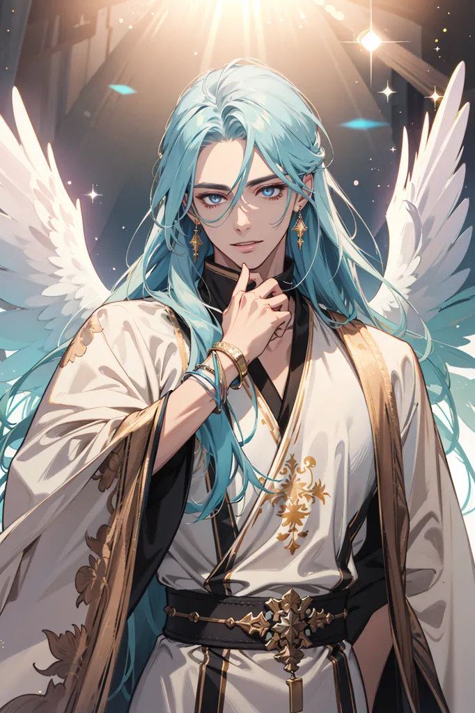 The picture shows a beautiful young man with long blue hair and blue eyes. He is wearing a white robe with gold trim and has a white and gold belt around his waist. He also has gold bracelets on his right wrist and a gold necklace around his neck. He has white wings and is standing in front of a white background with a golden glow around him.