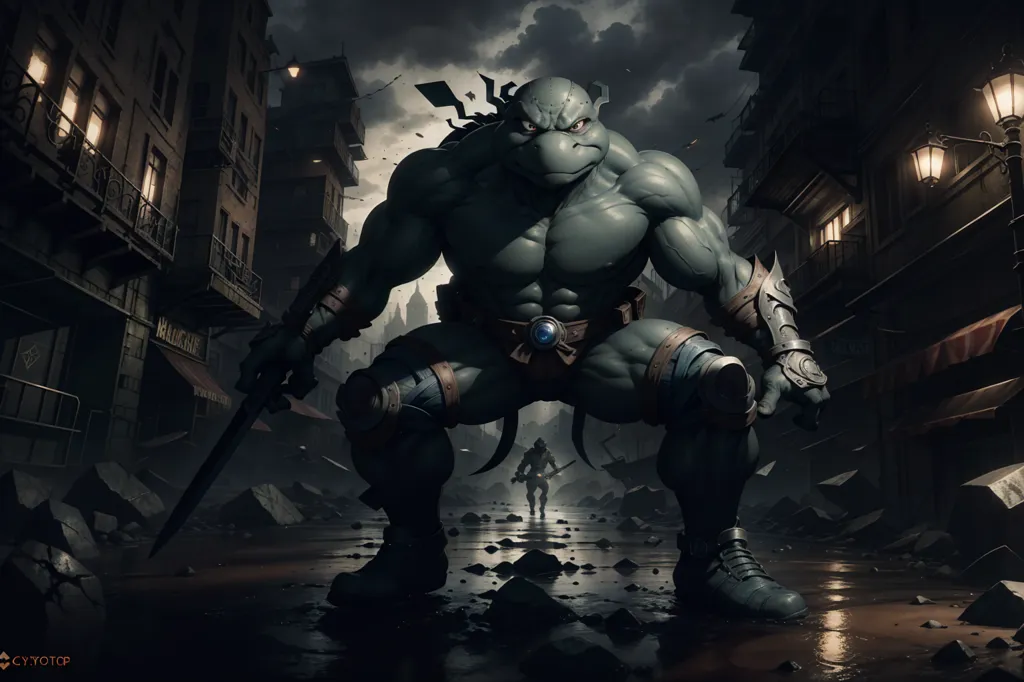 The image is a dark and gritty depiction of the Teenage Mutant Ninja Turtles character, Donatello. He is standing in a ruined city street, surrounded by rubble and debris. He is muscular and menacing, with his weapons drawn and ready to fight. In the background, another figure stands. It is unclear who this figure is, but it is likely one of Donatello's enemies. The image is full of tension and suspense, as Donatello