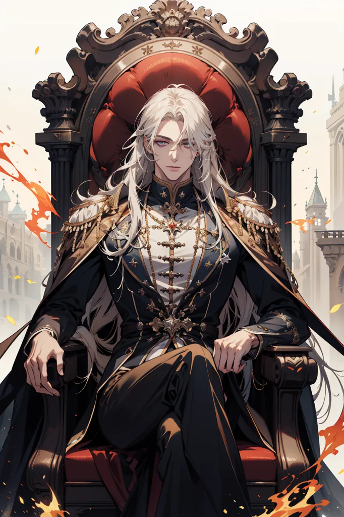 The image is of a young man with long white hair and red eyes. He is sitting on a throne wearing a black and gold military uniform with a red cape. The background is a castle with flames on either side of the throne.