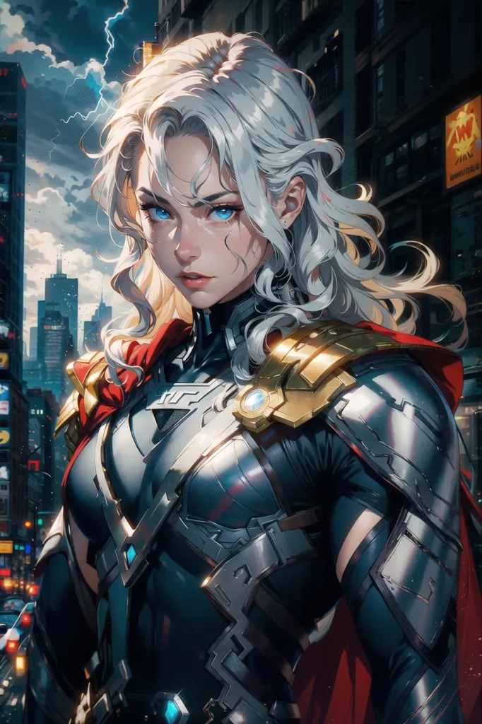 The picture shows a young woman, most likely a superhero, standing in the middle of a street with a city in the background. She is wearing a silver and gold breastplate with a red cape. She has long white hair and blue eyes and looks to the left with a serious expression on her face.