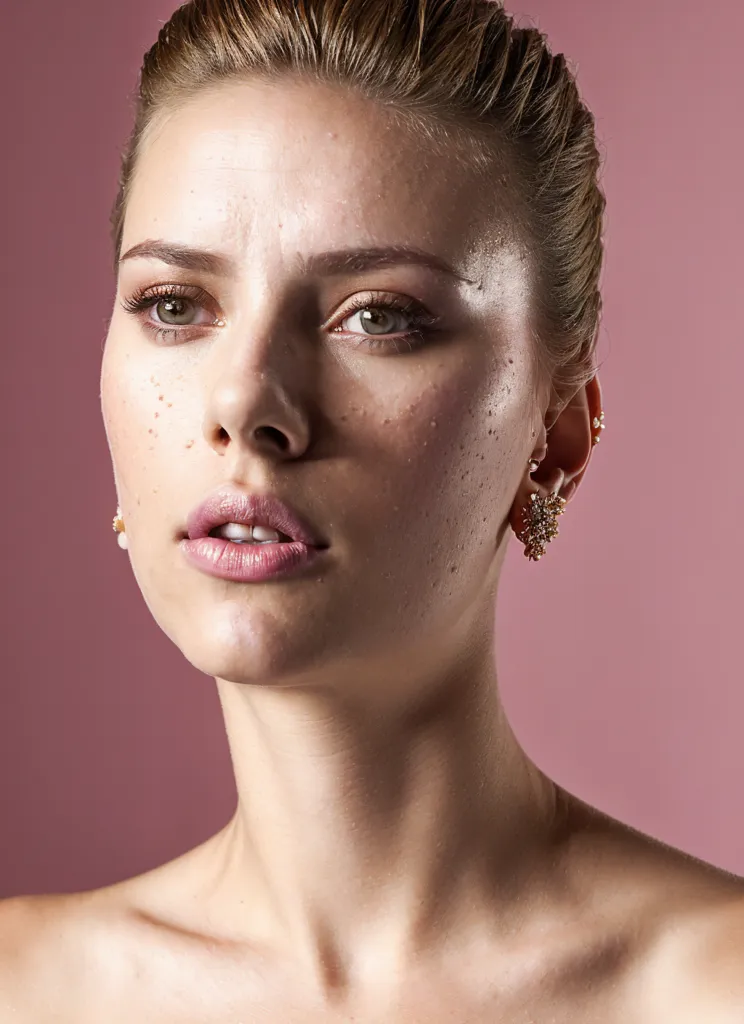 The image is a close-up of a young woman's face. She has light brown hair that is wet and slicked back, and her skin is pale with a few freckles. Her eyebrows are thick and natural, and her eyes are a light green color with dark brown lashes. Her lips are a soft pink color and slightly parted. She is wearing a pair of gold earrings and has a small amount of makeup on. The background is a dusty pink color.