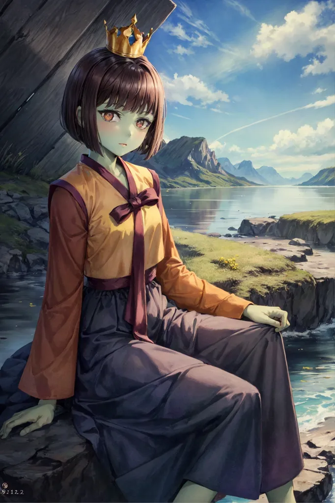 The image is a digital painting of a young woman wearing a traditional Korean hanbok. She is sitting on a rock by a lake, with a large mountain in the background. The woman has brown hair and green eyes, and she is wearing a golden crown. She is looking at the viewer with a serene expression. The painting is done in a realistic style, and the colors are vibrant and lifelike.