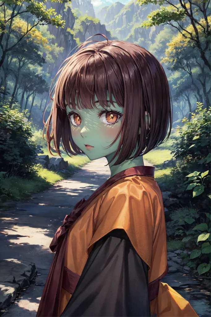 The image is a portrait of a young woman with brown hair and green skin. She is wearing a hanbok, a traditional Korean dress. The background is a forest with green trees and a blue sky. The woman is looking at the viewer with a shy expression.