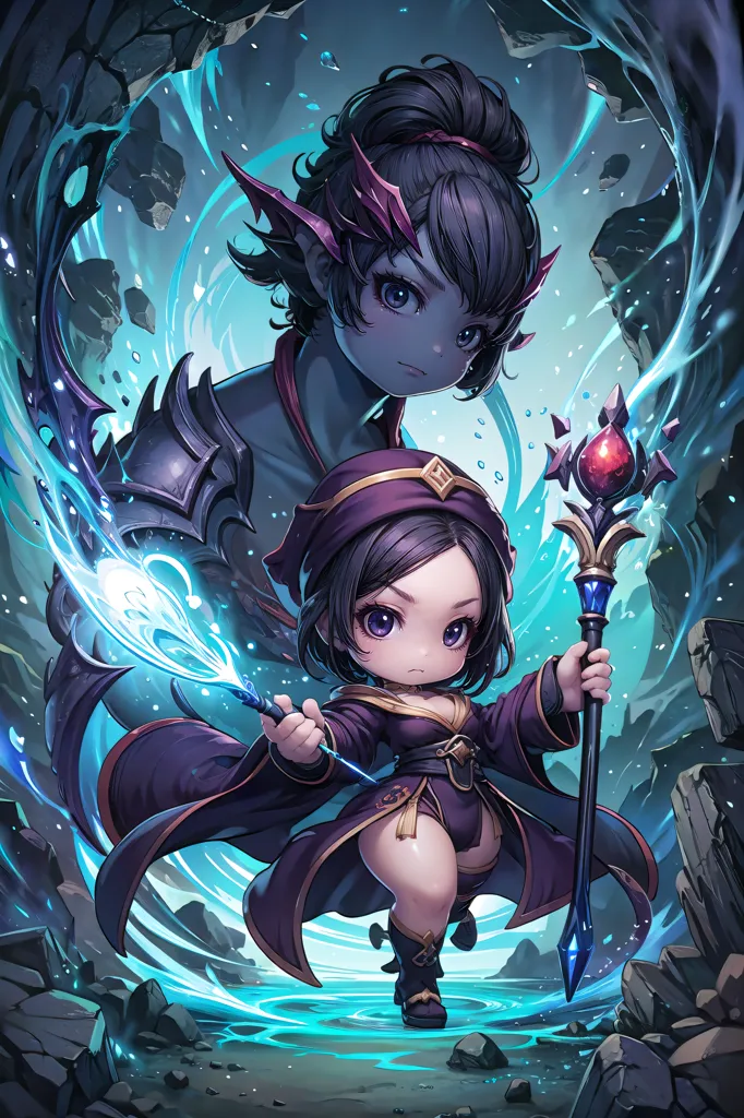 The image is of a chibi-style sorceress. She has dark purple hair, purple eyes, and is wearing a purple and black outfit. She is holding a staff with a red orb on top. She is standing in a magical circle, with blue energy swirling around her. There is a dragon behind her. The background is a dark cave.