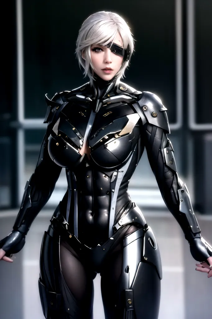 The image depicts a beautiful woman with short white hair and an eyepatch over her right eye. She is wearing a black and silver bodysuit that covers her entire body. The suit is made of a material that looks like metal, and it has several glowing yellow lines running along its surface. The woman is standing in a dark room, and she is looking at the viewer with a serious expression.