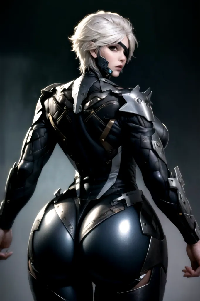 A imagem mostra uma mulher vestindo um body preto e prata. O body é feito de um material que parece metal. A mulher tem cabelo branco e olhos azuis. Seu cabelo é curto e estilizado de uma maneira que lembra o personagem Raiden da série de jogos Metal Gear Solid. A mulher também está usando um par de botas de salto alto. As botas são feitas do mesmo material que o body e têm um design semelhante às botas que Raiden usa nos jogos Metal Gear Solid. A mulher está em pé em uma sala escura. Há uma fonte de luz à sua frente que está iluminando seu corpo. A luz está criando sombras que destacam as curvas de seu corpo. A expressão da mulher é séria e determinada. Ela parece estar pronta para uma luta.