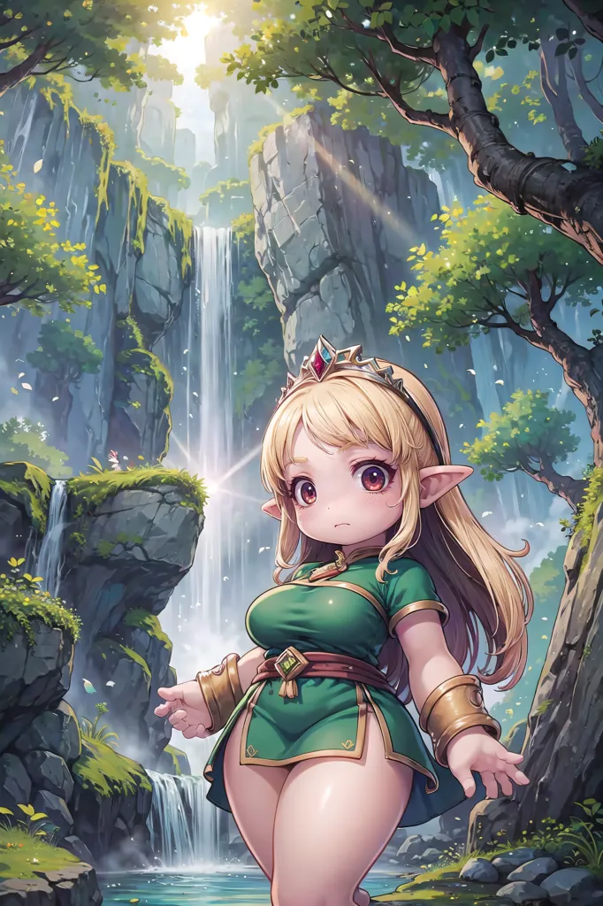 The image is a digital painting of a chibi elf girl. She is standing in a forest, with a waterfall in the background. The elf girl is wearing a green dress and a brown cape. She has long blonde hair and green eyes. She is smiling and has her arms outstretched.