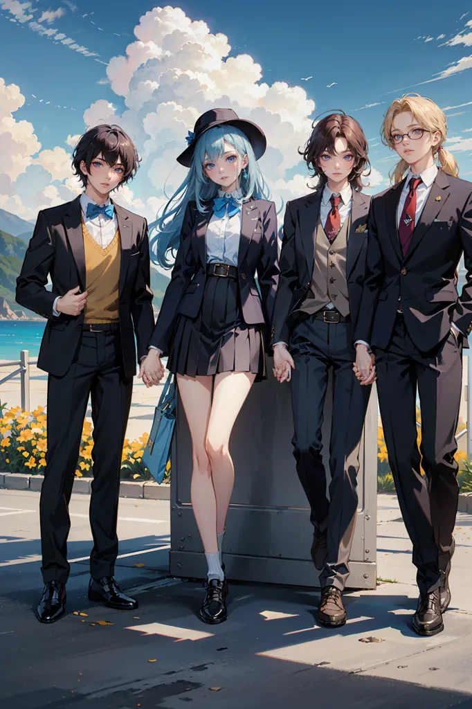 The image shows four anime characters. They are all wearing school uniforms. The two boys on the left are wearing black suits, white shirts, and ties. The boy on the left has short brown hair and brown eyes. The boy next to him has medium-long brown hair and purple eyes. The two girls on the right are wearing black skirts, white shirts, and blue ties. The girl on the right has long blonde hair and blue eyes. The girl next to her has short blue hair and blue eyes. They are all holding hands and walking towards the viewer. In the background, there is a road, a body of water, and mountains.