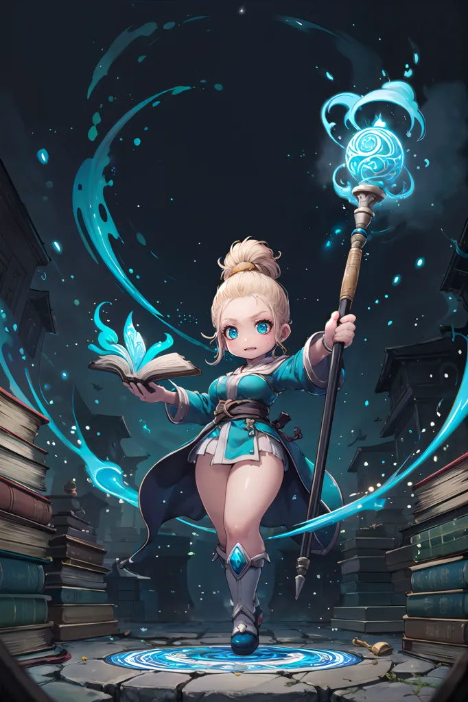 The image is of a young girl with blonde hair and blue eyes. She is wearing a blue and white robe and holding a staff with a blue orb on the end. She is standing in a library, surrounded by books. There is a blue glow around her, and she has a determined look on her face.