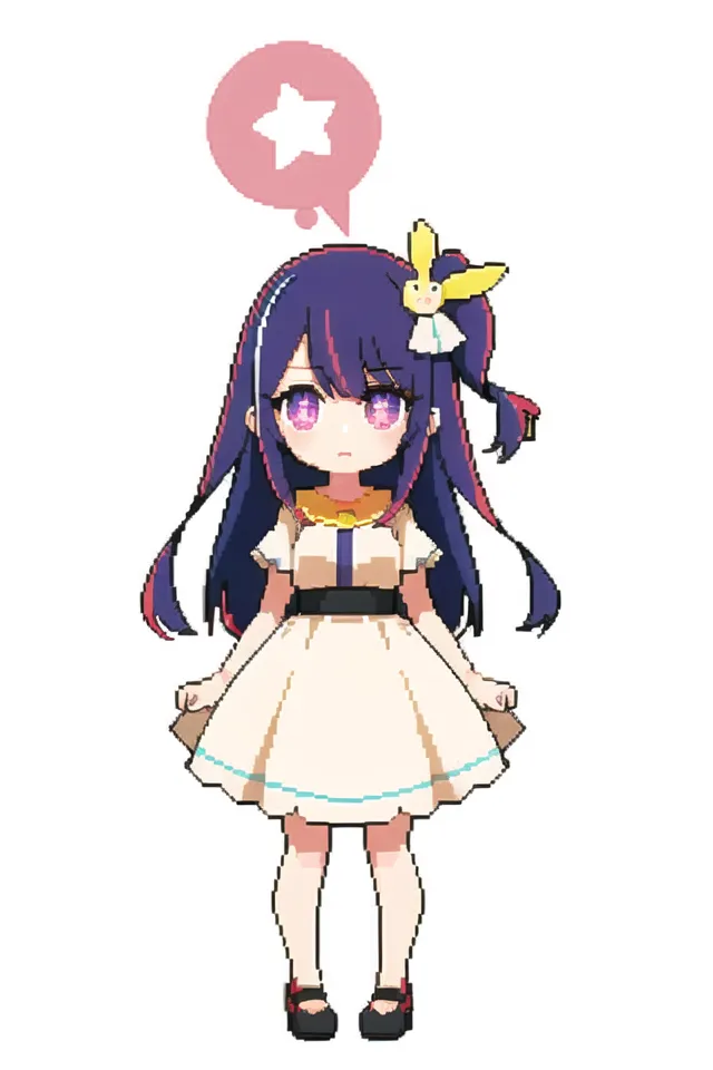 La imagen muestra a una chica de estilo anime con el cabello largo y morado y ojos morados. Lleva un vestido blanco con un cuello amarillo y un lazo rosa en el cabello. También tiene una pequeña criatura amarilla con orejas de conejo en la cabeza. La chica está de pie en un fondo blanco pixelado.