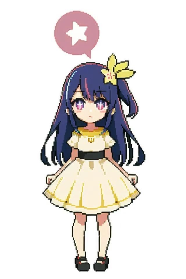 C'est une image de pixel art d'une fille aux longs cheveux bleu foncé. Elle porte une robe blanche avec un col jaune et a une fleur jaune dans les cheveux. Elle regarde le spectateur avec un petit sourire sur le visage. Il y a une bulle de dialogue rose avec une étoile à l'intérieur au-dessus de sa tête.