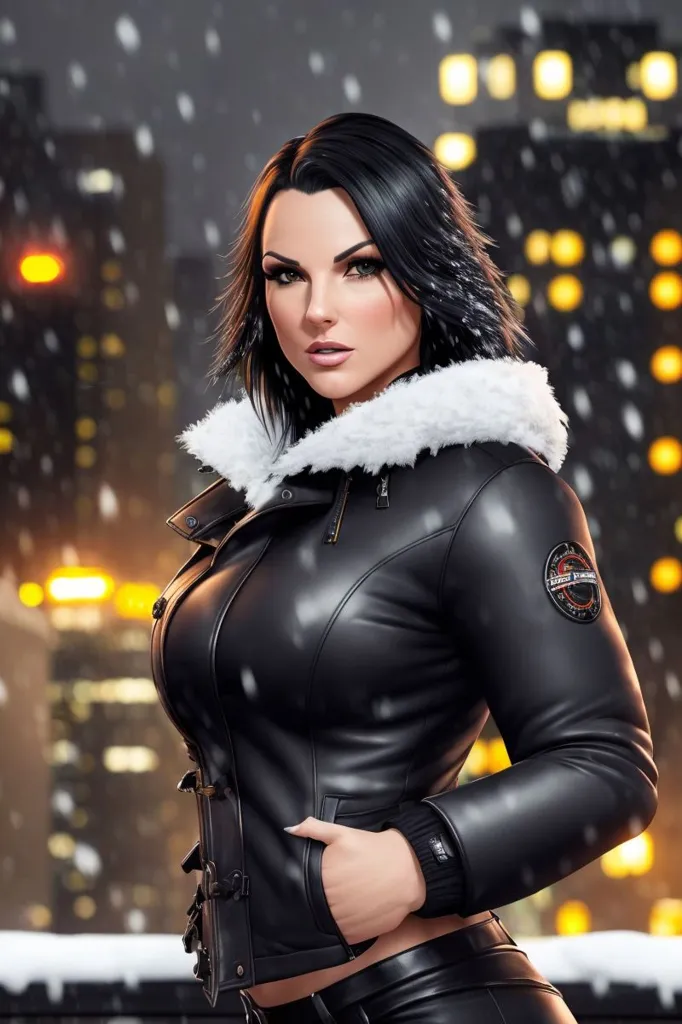 This is an image of a woman, she has long black hair, brown eyes, and is wearing a black leather jacket with a white fur collar. The jacket has a yellow patch on the arm with a picture of a lion with the words \