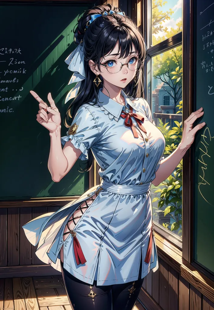 The image shows a young woman standing in a classroom. She is wearing a white dress with a blue sash and a red bow tie. She has long black hair and blue eyes. She is wearing glasses and has a serious expression on her face. She is pointing at the blackboard with her right hand. The blackboard has writing on it in Japanese. There is a window to her right.