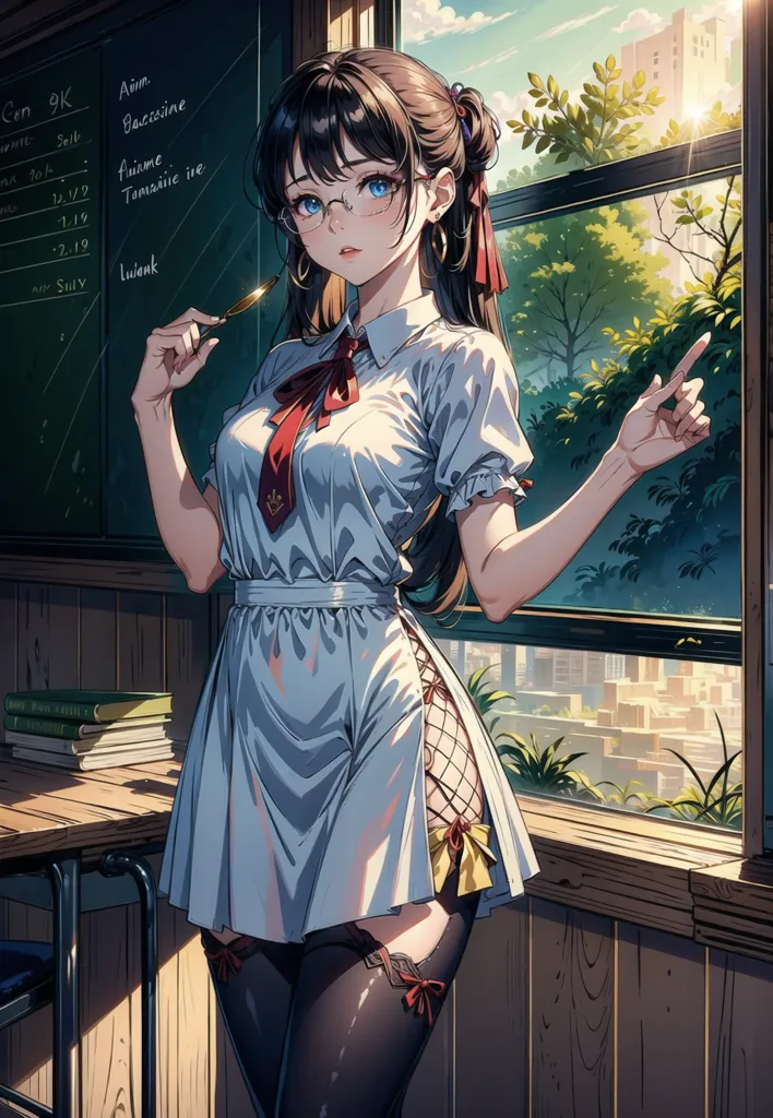 The image shows a young woman standing in a classroom. She is wearing a white dress with a blue sash and a red bow tie. She has long brown hair and blue eyes. She is holding a pen and pointing at the blackboard behind her. On the blackboard is a list of names. There is a window on the right side of the image and books on a table to the left.