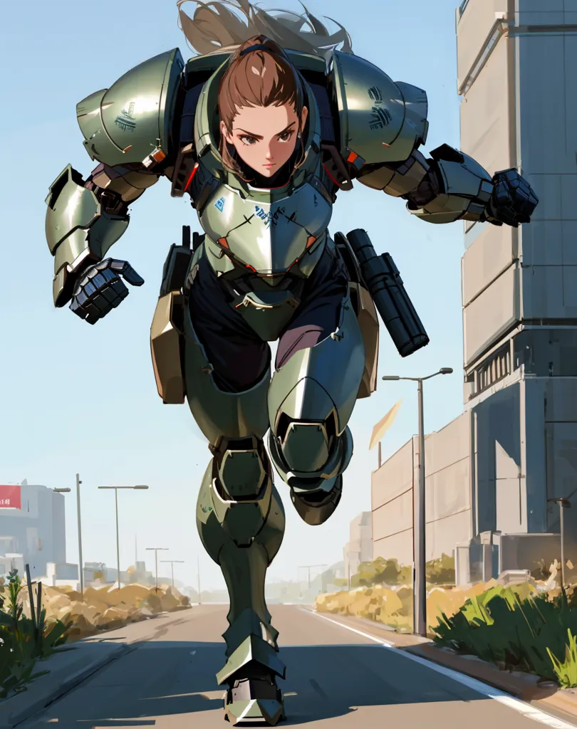 The image shows a woman wearing a green powered suit with brown hair and brown eyes. She is running down a street in a city. The buildings are tall and made of concrete. The street is empty except for her. She is wearing a helmet and a backpack. She has a gun in her hand. She looks like she is on a mission.