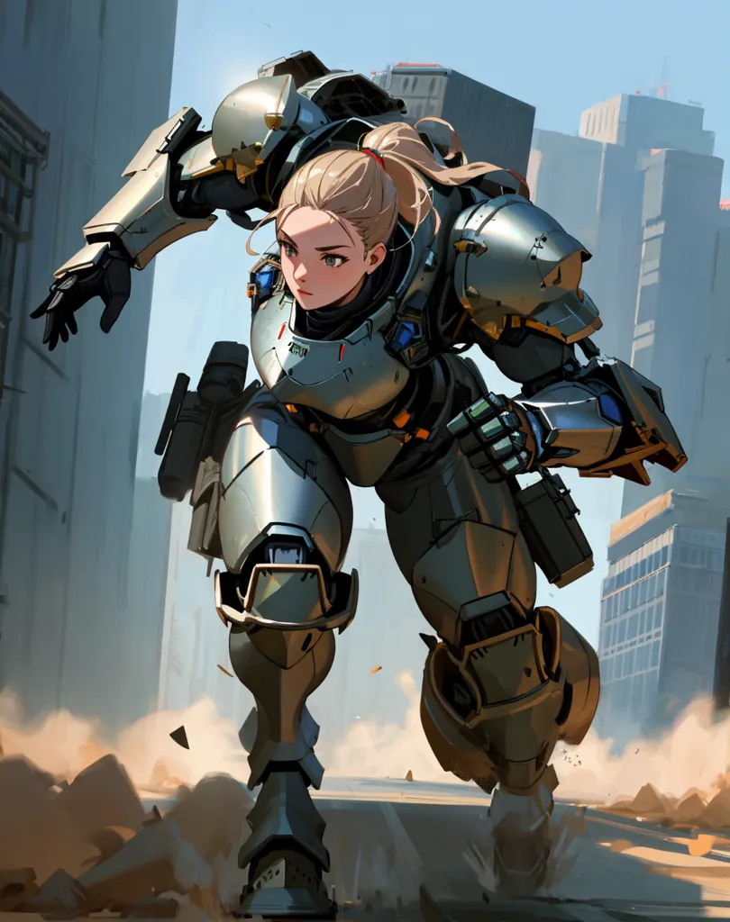 The image depicts a young woman in a grey and brown mech suit. She has blonde hair tied in a ponytail and blue eyes. She is running towards the viewer in an urban setting. The background is a cityscape with tall buildings and a blue sky. The woman's expression is determined and focused. She is wearing a helmet and a backpack. Her mech suit has various technological details and glowing blue lights. The image is in a realistic style and has a lot of detail.