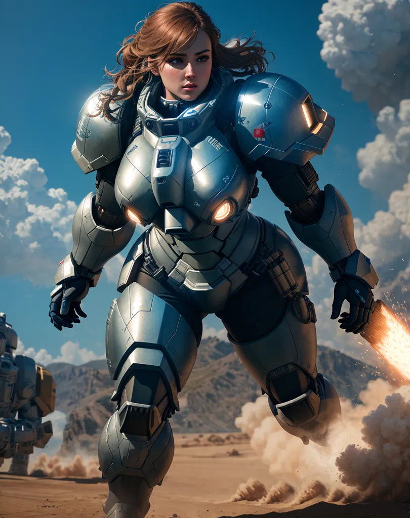 This is an image of a woman wearing a powered armor suit. The armor is mostly silver with orange lights on the chest and shoulders. The woman has brown hair and brown eyes. She is standing in a desert landscape with mountains in the background. There are clouds in the sky and the sun is shining.