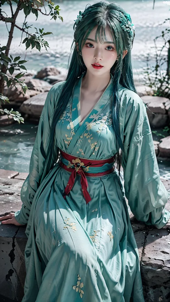 The picture shows a young woman wearing a traditional Chinese dress (Hanfu) with blue-green hair sitting on a rock by a river. The background is blurred, with a tree barely visible on the left side of the image. The woman is wearing a long, light blue dress with white and pink flower embroidery and a red belt. Her hair is long and blue-green, and she is wearing a white flower hairpin. She is sitting on a rock with her right hand resting on her lap and her left hand hanging by her side. She is looking at the camera with a slight smile on her face.