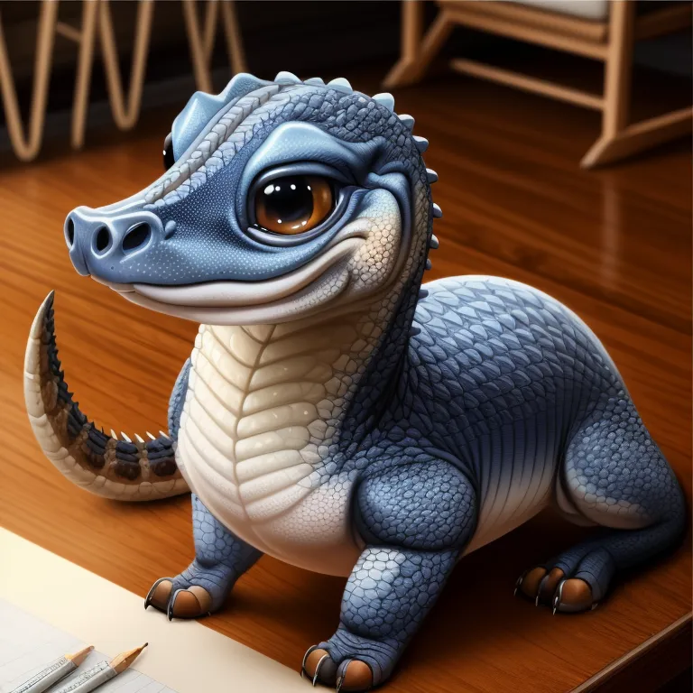 The image is a 3D rendering of a blue and white baby alligator. It is sitting on a wooden table and looking at the camera with its head tilted to the side. The alligator has big, round, brown eyes and a small, triangular nose. Its body is covered in blue scales, and its belly is white. The alligator's tail is long and thin, and it has five sharp claws on each foot.