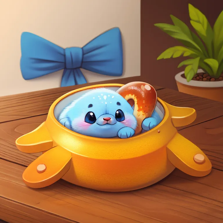 The image contains a cute cartoon seal sitting in a yellow container. The seal is blue and white with big round eyes and a pink nose. It is wearing a blue bow tie. The container has two orange handles and looks like a spaceship. There is a plant in the background and a blue bow on the wall behind it. The table is made of wood.