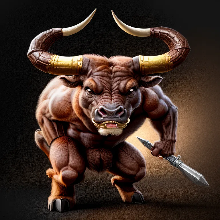 The image is a minotaur, a mythical creature with the head and horns of a bull and the body of a man. It is standing on all fours, with its knees bent and its arms outstretched in front of it. It is holding a spear in its right hand. The minotaur is brown and muscular, with a large, powerful build. It has a thick mane of fur on its head and neck, and its eyes are red and glowing. The minotaur is standing in a dark, smoky environment. There is a light shining from behind it, which is casting shadows over its body. The minotaur is looking at the viewer with a fierce expression on its face. It appears to be ready to charge at the viewer.