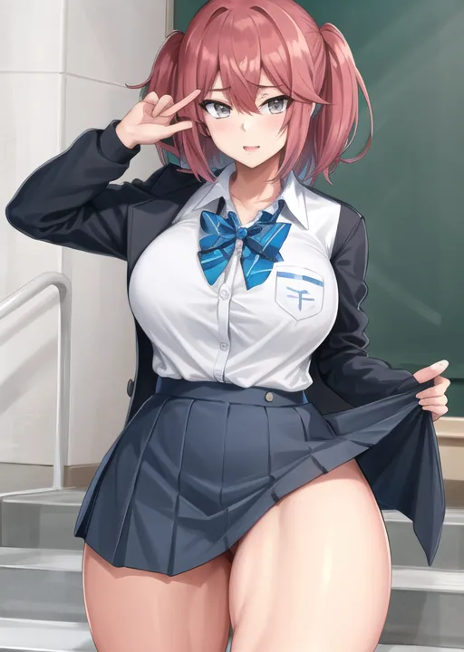 The image depicts a young woman with pink hair and blue eyes. She is wearing a white blouse, a blue tie, and a gray skirt. She has a smug expression on her face and is making a peace sign with her right hand while slightly lifting her skirt with her left hand. She is standing in a school hallway, and there is a chalkboard behind her.