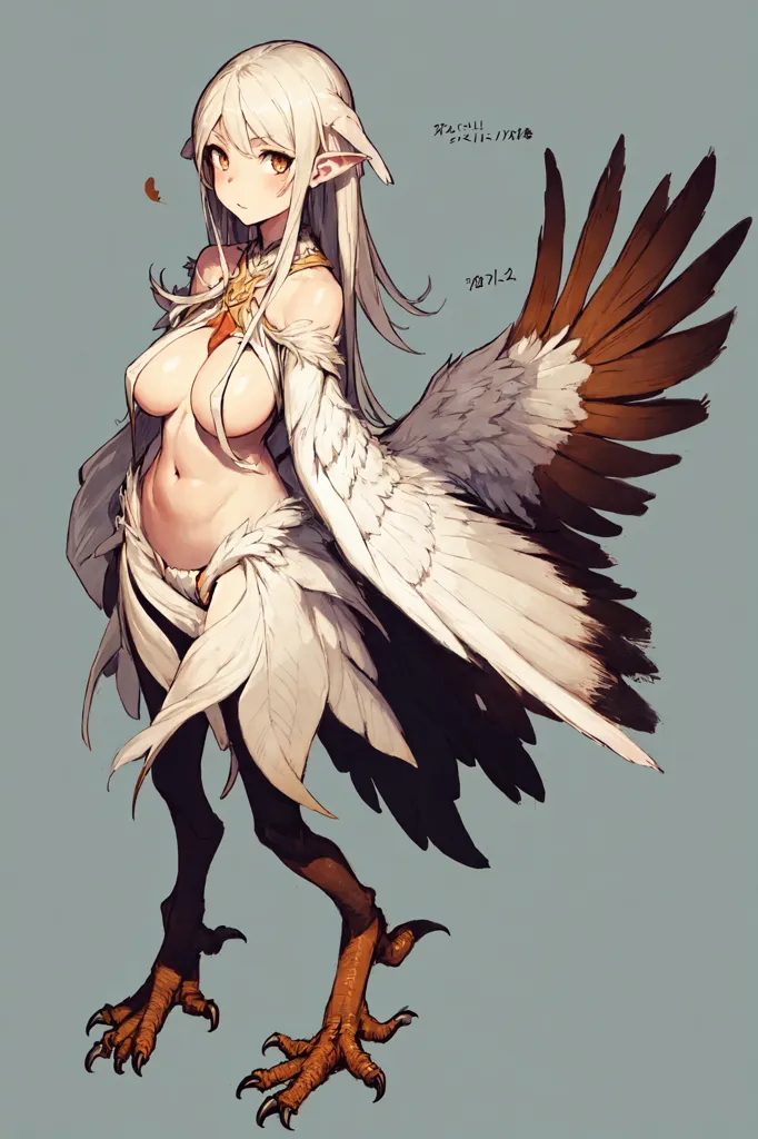 La imagen es de una hermosa mujer de estilo anime con cabello blanco largo y ojos marrones. Tiene grandes alas emplumadas y un cuerpo similar a un pájaro. Lleva poca ropa y tiene una hoja en el cabello. Está de pie sobre dos patas y tiene grandes garras afiladas en los pies. Mira al espectador con una expresión seria.