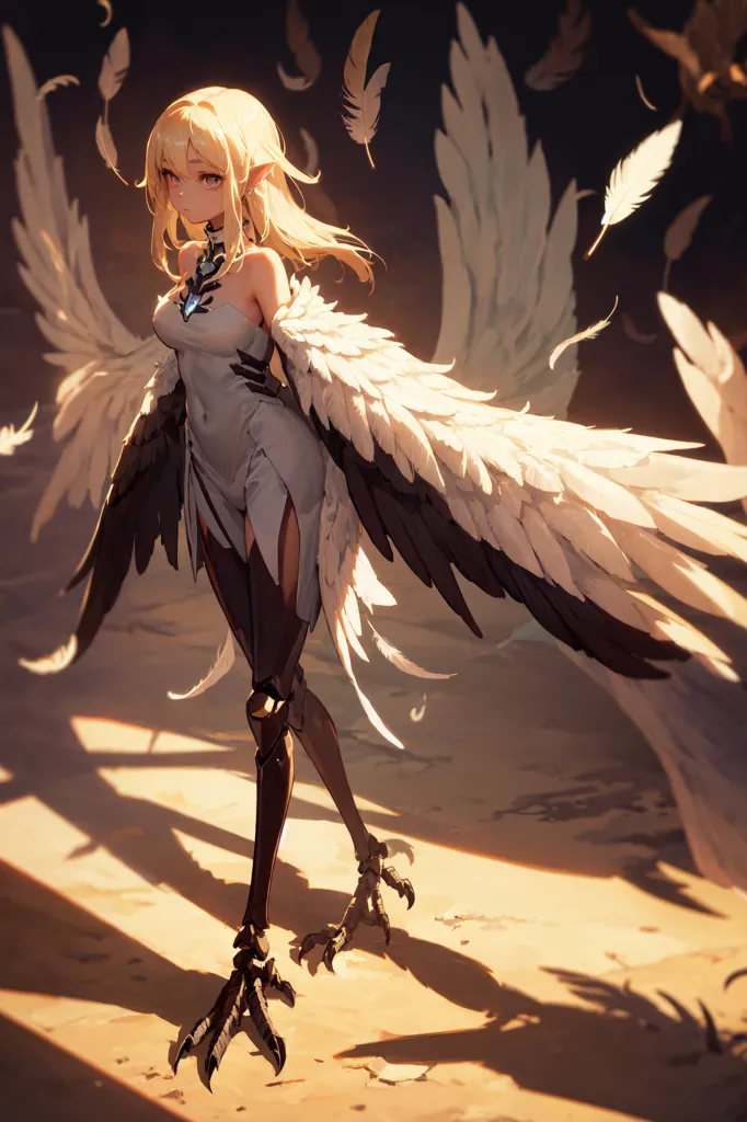 The image is of a beautiful anime girl with long blonde hair and white and black feathered wings. She is wearing a white dress with a high collar and a slit up the side. She has black boots and her legs are robotic. She is standing in a desert with feathers falling around her.