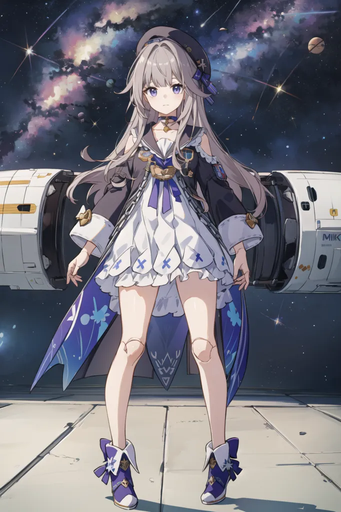 This is an image of a girl with long silver hair and purple eyes. She is wearing a white dress with a blue and purple jacket. She is also wearing a hat and a pair of boots. She is standing in front of a spaceship. There are stars and planets in the background.