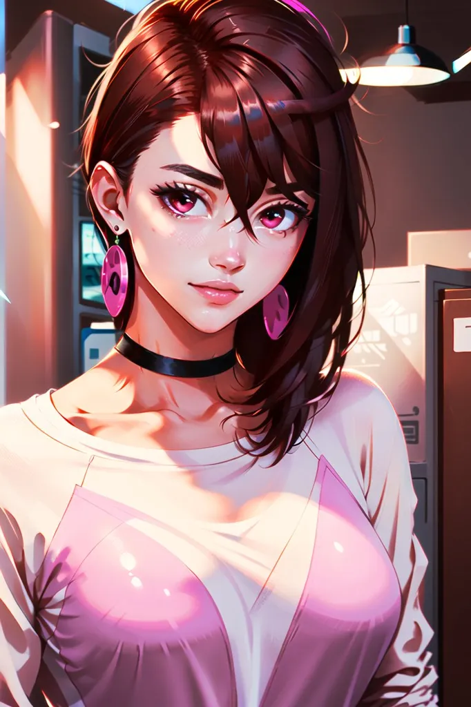 The image is a portrait of a young woman with brown hair and pink eyes. She is wearing a white shirt and a black choker. There are two earrings in the shape of cat paws on her ears. The background is blurred.