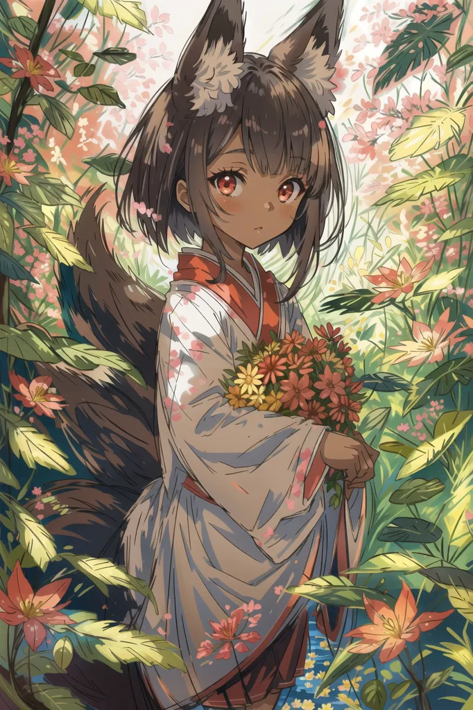 The image is a digital painting of a young kitsune girl with brown hair and eyes. She is wearing a kimono with a floral pattern and a red obi. She is standing in a field of flowers and holding a bouquet of flowers. The background is a blur of green leaves and flowers. The image is drawn in a semi-realistic style and the colors are vibrant and bright.