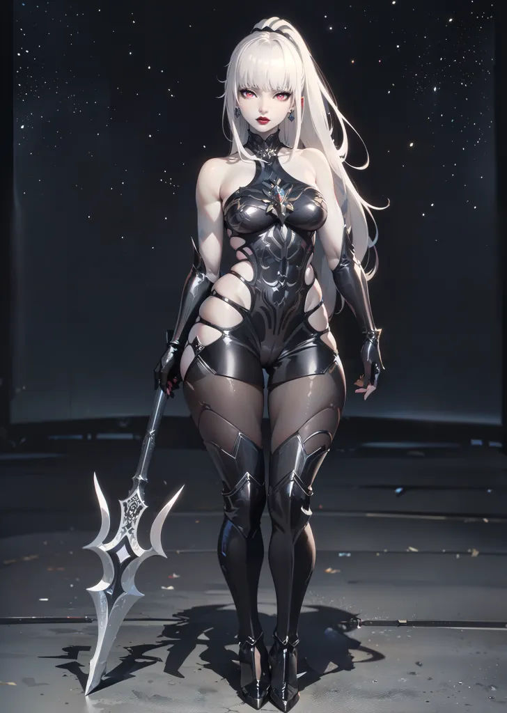 The image is of a tall, slender woman with long white hair and red eyes. She is wearing a black bodysuit with cutouts at the chest and sides. She is also wearing black boots and gloves. She is holding a large spear in her right hand. She is standing in a dark room with a starry night sky in the background.