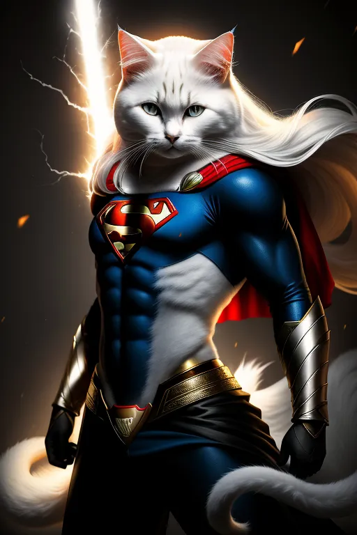 This is an image of a white cat dressed as the superhero Superman. The cat has a muscular build and is wearing a blue and red suit with a yellow "S" shield on the chest. The cat is also wearing a red cape and has its hair styled like Superman's. The cat is standing in a powerful pose with one hand on its hip and the other clenched in a fist. The background is a dark color with a bright light shining down on the cat.