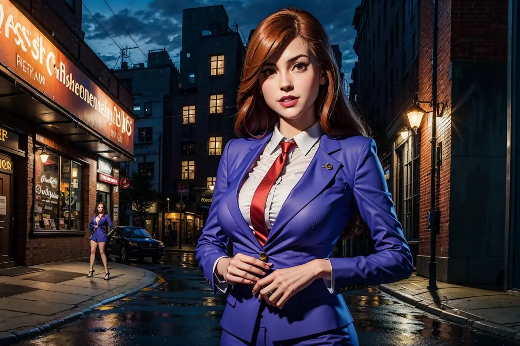 This is an image of a woman standing in a dark alley. She is wearing a blue suit and red tie. She has long red hair and blue eyes. She is looking at the camera with a serious expression. There is another woman in the background, walking away from the camera. The background is a dark alley with a brick building on the left and a street lamp on the right.