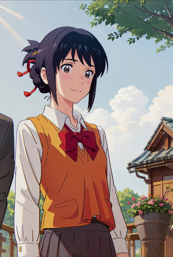 The image shows a young girl with long black hair and brown eyes. She is wearing a white shirt, an orange vest, and a red bow tie. She has a ponytail and a small smile on her face. She is standing in front of a traditional Japanese house with a garden.