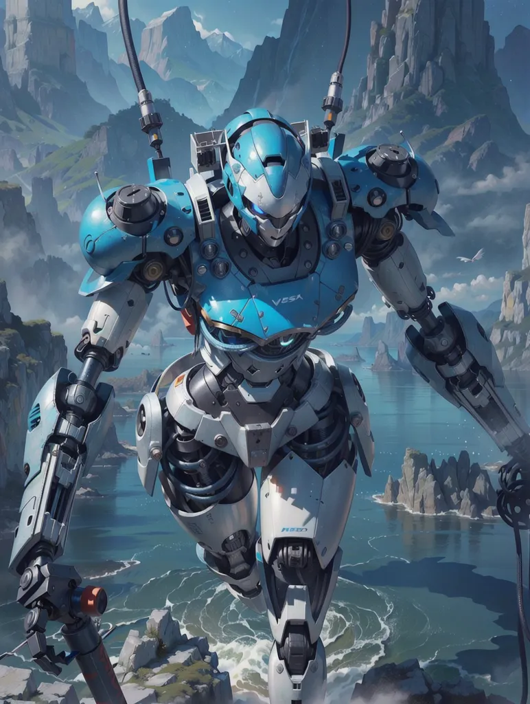 The image shows a blue and white mech walking on a rocky cliffside. The mech is armed with a large gun and is wearing a helmet. The background is a blue ocean with a few small islands. The mech is standing on a rocky outcropping and is looking down at the ocean.