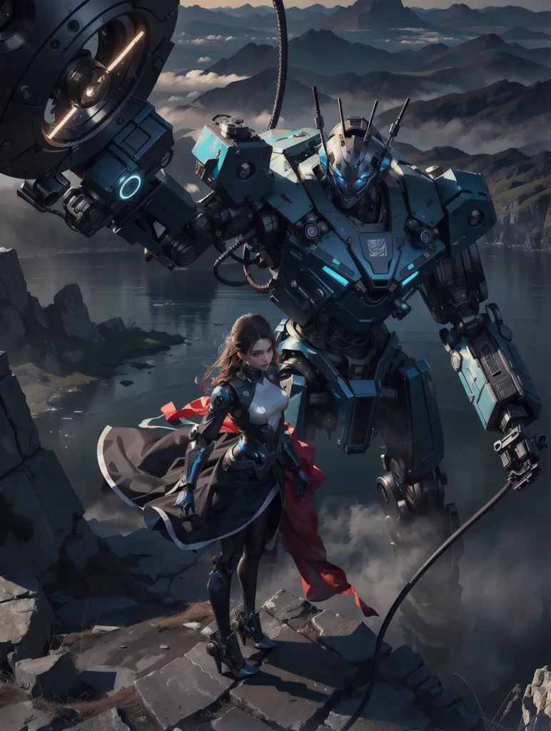 The image depicts a woman and a giant robot standing on a rocky cliff. The woman is wearing a black and white outfit with a red sash, and she has long brown hair. The robot is blue and black, and it has a large cannon on its right arm. The background of the image is a mountainous landscape with a lake in the foreground.