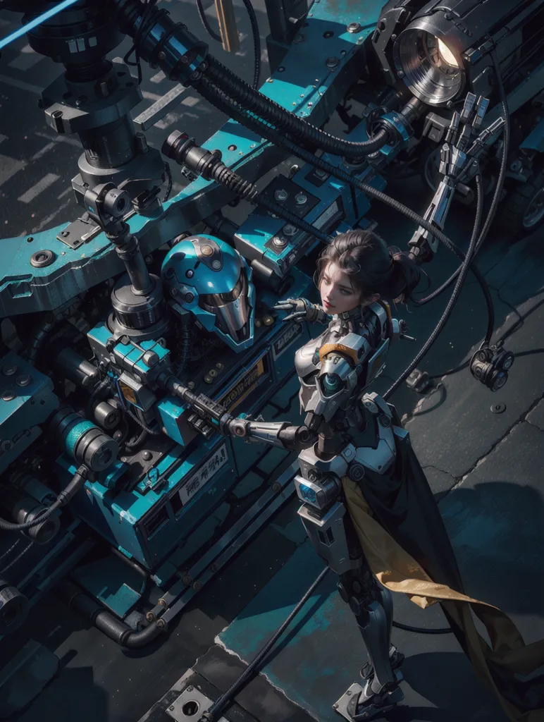 The image is of a woman standing in a factory-like setting. She is wearing a yellow and gray outfit and has a robotic arm and leg. She is also wearing a helmet. There is a large machine next to her that has a robotic arm attached to it. The machine is blue and has a lot of wires and tubes attached to it. The woman is looking at the machine.