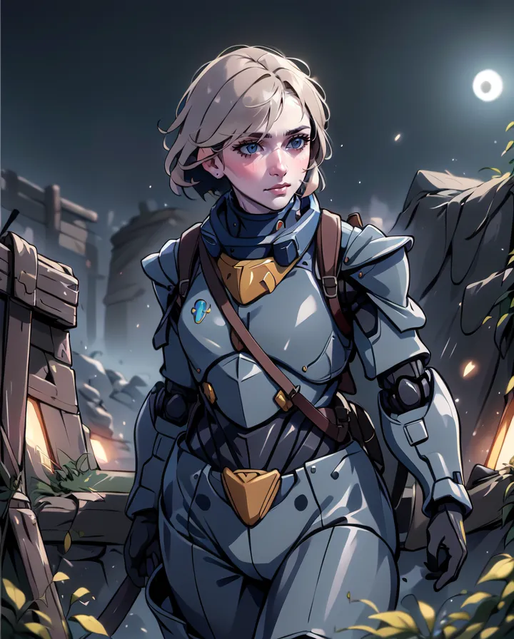 The image is of a young woman in a futuristic suit of armor. She has short blonde hair and blue eyes. She is looking to the left of the frame, which is partially obscured by her hair. She is wearing a light blue and gray bodysuit with yellow and gold accents. She has a small blue device attached to her right shoulder. She is standing in a dark, ruined city. There are broken buildings and debris all around her. The sky is dark and there is a bright moon in the top right corner of the image.