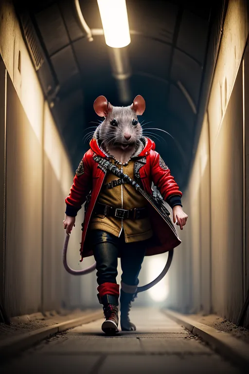 The image shows a rat wearing a red jacket, brown pants, and brown boots. It is walking down a dark tunnel, with its head held high and its tail swishing behind it. The rat's eyes are narrowed, and its expression is one of determination. It is clear that the rat is on a mission, and it is not going to let anything stand in its way.