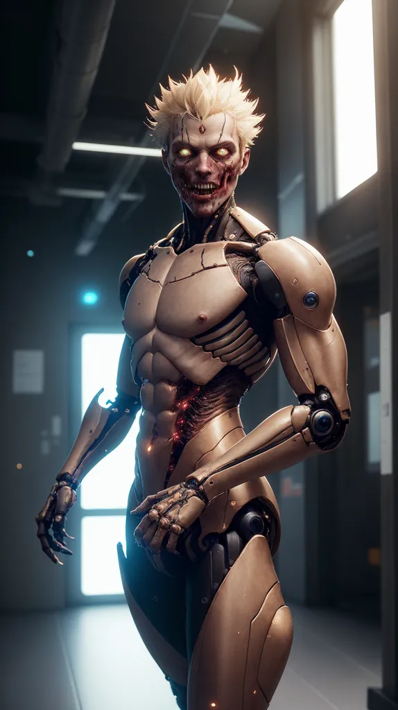 The image depicts a male character with blond hair and glowing red eyes. He appears to be a cyborg, with his right arm and much of his torso replaced with cybernetic parts. He is standing in a room with a blue light on the left and a large window on the right. The character is looking at the viewer with a sinister expression on his face.