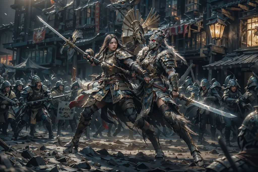 In the middle of a war-torn city, two warriors face off against each other. The woman is dressed in samurai armor and wields a naginata, while the man is dressed in more traditional Chinese armor and wields a dadao. The woman has long brown hair flowing out from under her helmet while the man's face is obscured by a fearsome mask. Both warriors are surrounded by the bodies of their fallen comrades. In the background, a large army of soldiers marches towards the city.