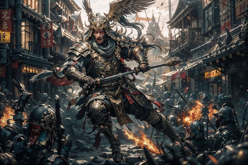 The image depicts a fierce battle scene, with a samurai warrior engaged in combat against a group of enemies. The samurai is wearing traditional armor and wielding a sword, while his opponents are armed with a variety of weapons, including spears, swords, and axes. The battle is taking place in a ruined city, with buildings and debris scattered around. The samurai is surrounded by his enemies, but he is fighting bravely, cutting down any who come near him. The image is full of action and excitement, and it captures the ferocity and intensity of battle.