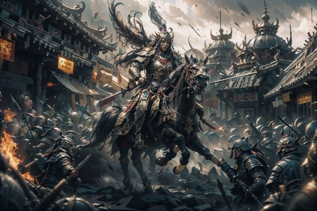 The image depicts a fierce battle scene, with a female warrior astride a black horse, charging into the fray. She is dressed in golden armor and wields a sword, cutting down enemy soldiers left and right. The soldiers are dressed in black and are armed with various weapons, but they are no match for the warrior woman. In the background, a city is burning.